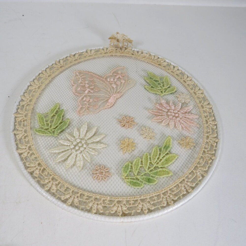 Vintage Lace picture with wire ring 6" Spring Scene Butterfly & Florals